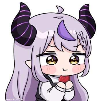 1girl :t ahoge black_dress blush_stickers braid braided_bangs brown_eyes chibi closed_mouth commentary_request demon_horns dress eating food grey_hair hands_up holding holding_food hololive horns la+_darknesss long_hair long_sleeves looking_down mochimiko multicolored_hair pointy_ears puffy_long_sleeves puffy_sleeves purple_hair shirt signature simple_background sleeveless sleeveless_dress solo streaked_hair very_long_hair virtual_youtuber white_background white_shirt