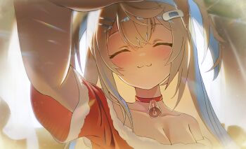 1girl :3 absurdres alternate_costume bandaid bandaid_hair_ornament blue_streaks choker closed_eyes closed_mouth dress fur-trimmed_dress fur_trim fuwawa_abyssgard hair_ornament hairpin highres hololive hololive_english insfidelie long_hair multicolored_hair red_choker red_dress santa_costume santa_dress smile solo streaked_hair two_side_up very_long_hair virtual_youtuber