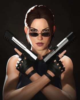 1girl absurdres black_background black_gloves brown_eyes brown_hair clip_studio_paint_(medium) dalejomej dual_wielding fingerless_gloves gloves gun highres holding holding_gun holding_weapon lara_croft long_hair looking_at_viewer solo sunglasses tomb_raider upper_body weapon
