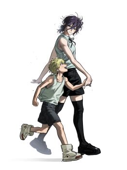 1boy 1girl aged_down bare_shoulders black_ribbon black_shoes black_shorts black_thighhighs blonde_hair blush boots chainsaw_man child closed_mouth collared_shirt denji_(chainsaw_man) green_eyes grenade_pin hair_between_eyes hair_bun highres holding_hands looking_at_another medium_hair neck_ribbon neulma168 open_mouth purple_hair reze_(chainsaw_man) ribbon sharp_teeth shirt shoes short_hair shorts sleeveless sleeveless_shirt smile tank_top teeth thighhighs updo walking white_background white_boots white_shirt white_tank_top