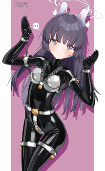 1girl @_@ absurdres arm_cuffs black_bodysuit black_hair blue_archive blush bodysuit breasts chain chastity_belt chastity_bra cuffs drop_shadow halo highres latex latex_bodysuit lock maguro27 miyu_(blue_archive) padlock red_eyes shiny_clothes skin_tight small_breasts solo spoken_blush