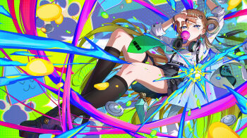 1girl absurdres arm_up black_skirt black_socks blowing_bubble_gum blue_eyes breasts chewing_gum colorful_background commentary dengwy23 graffiti hand_up headphones headphones_around_neck highres looking_at_viewer lynae_(wuthering_waves) medium_breasts shirt shirt_tucked_in skirt socks solo w white_shirt wuthering_waves