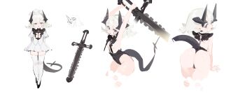 1girl ass from_behind holding holding_sword holding_weapon horns multiple_views nariku original sword tail thighhighs weapon white_thighhighs