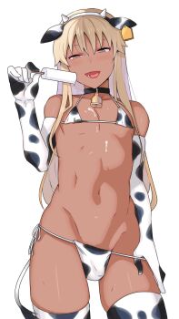 1boy ae_(aeiu4114) animal_ears animal_print bare_shoulders bell bikini bikini_pull black_choker black_thighhighs blonde_hair blush bulge choker clothes_pull collarbone cow_ears cow_print cow_print_bikini cow_print_gloves cowbell cowboy_shot dark-skinned_male dark_skin elbow_gloves fake_animal_ears food gloves hair_between_eyes highres holding light_blush long_hair looking_at_viewer lower_teeth_only navel open_mouth original pectorals popsicle print_bikini print_gloves side-tie_bikini_bottom simple_background solo stomach sweat sweatdrop swimsuit teeth thighhighs thighs tongue trap white_background yellow_eyes