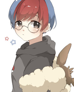 1girl black_eyes chiko_(chi_p_71) closed_mouth eevee frown gen_1_pokemon glasses grey_hoodie highres hood hood_down hoodie multicolored_hair nintendo penny_(pokemon) pokemon pokemon_sv red_hair round_eyewear short_hair simple_background solo two-tone_hair white_background
