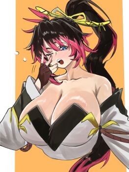 absurdres black_hair blue_eyes border breasts cleavage cropped_torso detached_sleeves hatdmt high_ponytail highres large_breasts looking_down multicolored_hair nail_polish nanbu_kaguya orange_background ponytail streaked_hair super_robot_wars super_robot_wars_og_saga_mugen_no_frontier white_border