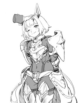 1girl armored_bodysuit armored_gloves armored_skirt arms_behind_back blush bodysuit breasts closed_mouth disembodied_hand goddess_of_victory:_nikke greyscale headpat highres hip_armor leg_armor monochrome noah_(nikke) one_eye_closed short_hair simple_background small_breasts smile solo_focus sparkle_hair_ornament utsuke_(u_tuk_e) white_background