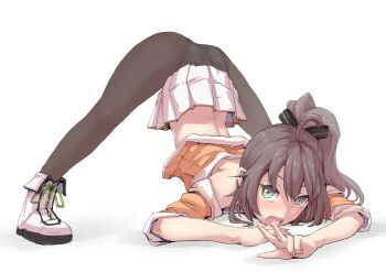 1girl ahoge ankle_boots arm_rest back bilingual_commentary black_pantyhose black_ribbon blush boots brown_hair commentary commentary_request cropped_jacket english_commentary fang flexible fold-over_boots full_body green_eyes hair_ribbon highres hololive jack-o'_challenge jacket long_hair looking_at_viewer miniskirt mitsuru_(uramitsuru1206) mixed-language_commentary natsuiro_matsuri natsuiro_matsuri_(1st_costume) off-shoulder_jacket off_shoulder open_mouth orange_jacket panties panties_under_pantyhose pantyhose pleated_skirt ponytail ribbon short_sleeves simple_background skin_fang skirt skirt_flip solo spread_legs stretching striped_clothes striped_panties underwear virtual_youtuber w white_background white_boots white_skirt wide_spread_legs
