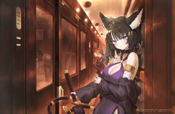 1girl animal_ears arm_under_breasts armlet bangaa bare_shoulders black_choker black_hair black_jacket braid breasts cat_ears cat_girl cat_tail choker cleavage commentary covered_navel cowboy_shot criss-cross_halter dress english_commentary final_fantasy final_fantasy_xiv hair_ornament hairclip halterneck holding holding_sword holding_weapon jacket jewelry large_breasts looking_at_viewer medium_hair miqo&#039;te miruto_netsuki multiple_others off_shoulder purple_dress purple_eyes side_slit sleeveless sleeveless_dress solo_focus sword tail train_interior v-shaped_eyebrows warrior_of_light_(ff14) weapon