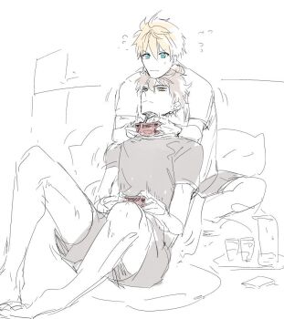 2boys aqua_eyes arthur_pendragon_(fate) arthur_pendragon_alter_(fate) barefoot black_shirt black_shorts blanket blonde_hair brown_hair closed_mouth commentary_request controller cup drinking_glass dual_persona fate/grand_order fate_(series) fingernails flying_sweatdrops full_body game_controller hair_between_eyes holding holding_controller holding_game_controller looking_ahead male_focus multiple_boys on_bed pillow playing_games pvc_parfait shirt short_hair short_sleeves shorts simple_background sitting sweatdrop t-shirt tray v-shaped_eyebrows white_background white_shirt yellow_eyes