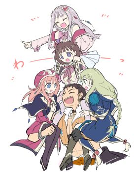 Rule 34 | 1boy, 4girls, :d, ^ ^, atelier (series), atelier lulua, blonde hair, blue coat, blue eyes, blunt bangs, bow, braid, brown hair, carrying, closed eyes, coat, commentary request, elmerulia frixell, eva armster, grey hair, hair ornament, hat, heart, heart hair ornament, human tower, jacket, karasumi (aiseec), long hair, long sleeves, multiple girls, nicodemus david dieter, open mouth, piana (atelier), pink bow, pink hair, pink hat, pink jacket, pointing, rorolina frixell, shoulder carry, simple background, sitting, smile, stacking, white background