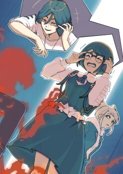 Rule 34 | 1boy, 2girls, backpack, bag, blonde hair, blue bag, blue skirt, blue vest, collarbone, drill hair, fukurai azami, glasses, hair between eyes, hands up, highres, holding, holding phone, jasmine (toshi densetsu kaitai center), long sleeves, meguriya ayumu, multiple girls, naekam, open mouth, phone, puffy long sleeves, puffy sleeves, shirt, short hair, skirt, smile, standing, tongue, toshi densetsu kaitai center, vest, white shirt