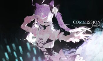 1girl absurdres ahoge arm_up bandaged_arm bandages bare_shoulders black_bow black_choker black_nails black_skirt bow choker collarbone flat_chest frilled_cuffs hair_bow highres indie_virtual_youtuber kyoro_ina lace-trimmed_choker lace_trim long_hair nail_polish purple_hair rachie_(utaite) sample_watermark shirt skirt solo twintails utaite v v_over_eye watermark white_shirt wrist_cuffs