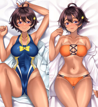 1girl bikini bikini_tan blue_one-piece_swimsuit bow bowtie breasts brown_hair closed_mouth collarbone commentary_request covered_navel cowboy_shot cuddly_octopus dakimakura_(medium) food-themed_hair_ornament grey_skirt hair_ornament highres jacket knee_up lemon_hair_ornament looking_at_viewer lying make_heroine_ga_oo_sugiru! medium_breasts multiple_views navel on_back one-piece_swimsuit orange_bikini parted_lips pleated_skirt purple_eyes shirt short_hair skirt smile strapless strapless_bikini suzu_miya swimsuit tan tanline unworn_shirt unworn_skirt white_jacket white_shirt yakishio_lemon yellow_bow yellow_bowtie