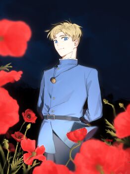 Rule 34 | 1boy, absurdres, arms behind back, belt, black pants, blonde hair, blue eyes, blue jacket, buttons, chi.: chikyuu no undou ni tsuite, closed mouth, commentary, flower, han orb, highres, jacket, looking at viewer, male focus, night, pants, rafal (chi.), red flower, red rose, rose, short hair, solo, standing, symbol-only commentary