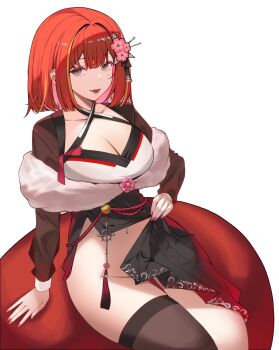 1girl akane_lize black_eyes black_skirt bob_cut breasts cleavage criss-cross_halter flower hair_flower hair_ornament halterneck highres korean_clothes large_breasts long_sleeves looking_at_viewer mole mole_on_cheek multicolored_hair nail_polish navel no_panties open_mouth red_hair short_hair simple_background single_thighhigh sitting skirt smile solo stellive stomach streaked_hair talnory thighhighs virtual_youtuber white_background