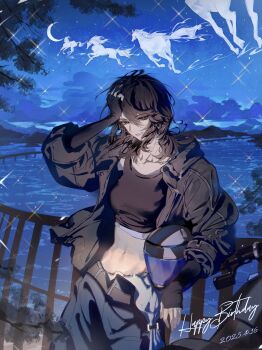 1girl absurdres against_railing alternate_costume baggy_pants belt black_eyes black_gloves black_hair black_jacket black_tank_top blue_pants branch breasts chinese_commentary cloud collared_jacket commentary_request cowboy_shot crescent_moon crop_top dated denim deren_(path_to_nowhere) diffraction_spikes earrings fingerless_gloves gloves hair_between_eyes hand_on_own_head happy_birthday heart heart_earrings helmet highres holding holding_unworn_helmet hoop_earrings horse jacket jeans jewelry lake leaf long_hair luori_dianxin medium_breasts messy midriff moon motor_vehicle motorcycle motorcycle_helmet navel night night_sky open_clothes open_jacket pants path_to_nowhere railing sky solo star_(sky) tank_top unworn_helmet water