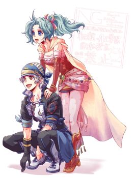 1boy 1girl arm_ribbon ayana_(iqaw5cfohvdtver) black_gloves black_jacket black_pants blue_eyes blue_ribbon blue_trim boots breasts brown_eyes cape detached_sleeves dress earrings final_fantasy final_fantasy_vi full_body gloves gold_trim green_hair grey_hair hair_ribbon hand_on_another's_shoulder headscarf highres jacket jewelry leaning_forward locke_cole medium_breasts necklace open_mouth pants pantyhose parted_bangs pink_ribbon ponytail print_pantyhose print_shirt red_boots red_dress red_sleeves ribbon sash shirt short_dress short_hair single_glove smile squatting strapless strapless_dress tassel tina_branford tube_dress twitter_username waist_sash white_background white_boots yellow_cape