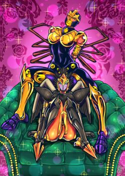 1990s_(style) 2girls airazor artist_name beast_wars black_eyes blackarachnia blush breasts cleavage couch floral_background floral_print green_eyes highres arthropod_girl insignia large_breasts lips looking_at_viewer machine machinery maximal mecha multiple_girls no_humans on_couch one_eye_closed open_mouth personification predacon retro_artstyle robot sidelocks sitting smile sparkle spider_girl standing tack_(dnet) transformers wings