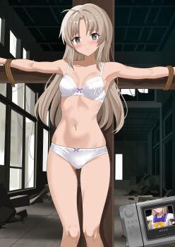1girl ahoge blonde_hair blush bound bra breasts camera collarbone commission cross crucifixion futami_shion gluteal_fold grey_eyes highres indoors jacket long_hair looking_at_viewer memories_off navel open_mouth panties pixiv_commission restrained separated_arms shimouki_izui shirt small_breasts standing stomach teeth thigh_gap underwear very_long_hair white_bra white_panties