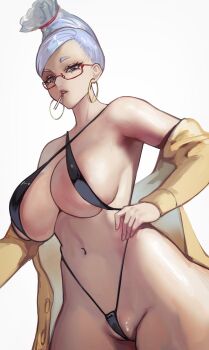 1girl ayase_seiko beehive_hairdo bikini black_bikini breasts cardigan cigarette cleavage commentary covered_erect_nipples criss-cross_halter dandadan earrings english_commentary halterneck hand_on_own_hip highleg highleg_bikini highres hoop_earrings jewelry large_breasts long_hair looking_at_viewer mature_female navel nextoad off_shoulder parted_lips red-framed_eyewear red_eyes semi-rimless_eyewear simple_background smoking solo stomach swimsuit tall_hair white_background white_hair yellow_cardigan