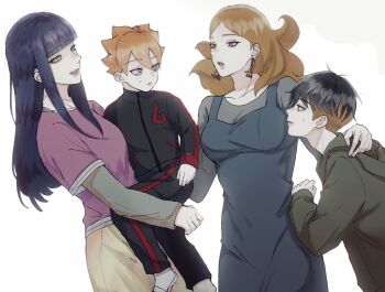 2boys 2girls aged_down black_hair blonde_hair blue_dress blue_eyes blunt_bangs boruto:_naruto_next_generations breasts child commentary delta_(boruto) dress english_commentary green_hoodie hood hoodie hyuuga_hinata ifevilwhyuhot kawaki_(boruto) medium_breasts mother_and_son multiple_boys multiple_girls naruto_(series) pink_eyes purple_eyes sidelocks sweatdrop time_paradox uzumaki_boruto