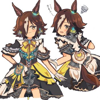 1girl animal_ears blush bow bowtie brown_eyes brown_hair check_costume clothing_cutout hair_over_one_eye highres horse_ears horse_girl horseshoe_ornament imooo4x long_hair looking_at_viewer low_ponytail multiple_views overskirt plaid_clothes plaid_shorts ponytail shorts simple_background smile squiggle tail tail_through_clothes trailblazer_bash!_(umamusume) umamusume vodka_(umamusume) white_background white_hair yellow_bow yellow_bowtie