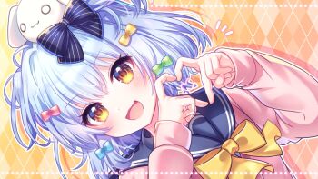 1boy blue_hair blue_sailor_collar bow bowtie cardigan commission crossdressing crossdressing_(mtf) dotted_line four-finger_heart_hands hair_bow heart heart_hands heart_in_heart_hands highres inuyama_tamaki inuyama_tamaki_(1st_costume) looking_at_viewer male_focus multiple_hair_bows noripro open_mouth pink_cardigan sailor_collar smile solo trap two_side_up upper_body virtual_youtuber yellow_bow yellow_bowtie yellow_eyes yuiki_yuu