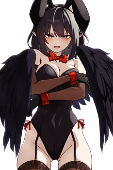 1girl absurdres alternate_costume animal_ears bare_shoulders black_gloves black_hair black_hairband black_leotard black_wings blush bow bowtie breasts brown_thighhighs cleavage covered_navel cowboy_shot elbow_gloves fake_animal_ears feathered_wings garter_straps gloves gluteal_fold grey_eyes hairband highres kikoka_(mizuumi) leotard looking_at_viewer medium_breasts open_mouth playboy_bunny pointy_ears rabbit_ears red_bow red_bowtie shameimaru_aya short_hair simple_background solo strapless strapless_leotard thighhighs touhou traditional_bowtie v-shaped_eyebrows white_background wings wrist_cuffs