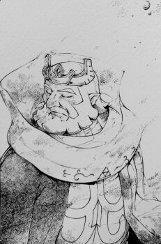 1boy beard closed_eyes crown daphnes_nohansen_hyrule facial_hair greyscale kandori_makoto monochrome mustache nintendo pointy_ears solo the_legend_of_zelda the_legend_of_zelda:_the_wind_waker traditional_media upper_body