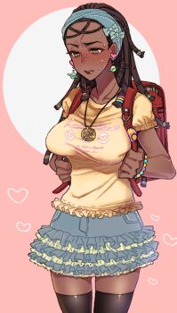 1girl alternate_costume backpack bag black_thighhighs bow bracelet breasts brown_lips cowboy_shot dark-skinned_female dark_skin denim denim_skirt dreadlocks earrings embarrassed frilled_shirt frilled_skirt frills hair_bow hair_tubes hairband identity_v jewelry large_breasts necklace patricia_dorval randoseru satou_saori shirt skirt solo sweat thighhighs yellow_shirt