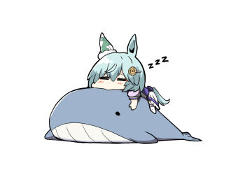 1girl =_= animal animal_ears blue_hair blush bow chibi closed_eyes flower hair_between_eyes hair_flower hair_ornament hairclip highres horse_ears horse_girl horse_tail kawamochi_(kawauti919) pleated_skirt puffy_short_sleeves puffy_sleeves purple_bow purple_shirt school_uniform seiun_sky_(umamusume) shirt short_sleeves simple_background skirt solid_oval_eyes solo tail thighhighs tracen_school_uniform umamusume whale white_background white_skirt white_thighhighs yellow_flower zzz