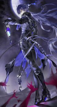 1boy ahoge black_boots black_coat black_gloves black_pants black_shoes blue_hair boots closed_mouth coat empty_eyes flins_(genshin_impact) floating_hair frown full_moon genshin_impact gloves gradient_hair grey_hair high_heel_boots high_heels highres holding holding_lantern lantern long_hair long_sleeves looking_back male_focus miemiebei moon multicolored_hair outstretched_arm pants shoes sleeve_cuffs solo torn_clothes two-sided_coat two-sided_fabric very_long_hair yellow_eyes