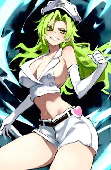 1girl bare_shoulders bleach bleach:_sennen_kessen-hen breasts buckle candice_catnipp cleavage collarbone elbow_gloves female_focus gloves green_eyes green_hair hat heart heart-shaped_buckle kasumi6 large_breasts light_blush long_hair looking_at_viewer military_hat navel quincy_(bleach) shorts sideboob sternritter teeth thighs