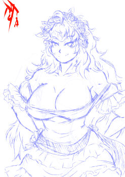 Rule 34 | 1girl, alternate costume, breasts, cleavage, dress, half-closed eyes, hand on own hip, highres, large breasts, legs, long hair, mexican dress, mexico, monochrome, rwby, seductive gaze, seductive smile, sketch, smile, solo, suicidetoto, thighs, yang xiao long