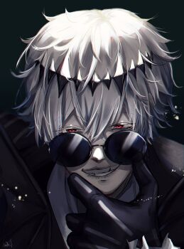 1boy absurdres ascot black_crown black_gloves crown diamond_hairband formal_clothes gloves highres jacket long_sleeves looking_at_viewer male_focus missing_tooth pinstripe_jacket pinstripe_pattern pinstripe_suit pinstripe_vest red_eyes short_hair skeleton skeleton_print skully_j._graves smile solo stitches striped_clothes striped_jacket striped_vest suit sunglasses twisted_wonderland tyoko_tippu vertical-striped_clothes vertical-striped_jacket vertical-striped_vest vest white_hair