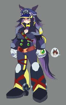 Rule 34 | 2girls, absurdres, agnes tachyon (umamusume), android, animal ears, belt around waist, black hair, black jacket, black necktie, breast pocket, breasts, brown hair, chest jewel, cleavage cutout, clenched hands, closed eyes, clothing cutout, earrings, fenomeno (black flames of the righteous spirit) (umamusume), fenomeno (umamusume), flipped hair, full body, grey background, hair between eyes, hand jewel, hat, high collar, highres, horse ears, horse girl, horse tail, jacket, jewelry, joints, large breasts, long hair, lueduar, mega man (series), mega man x (series), multicolored hair, multiple girls, necktie, peaked cap, pocket, purple eyes, purple hair, red shirt, robot, robot ears, robot girl, robot joints, shirt, simple background, single earring, smile, striped hat, tail, thumbs up, two-tone hair, umamusume, wolf cut