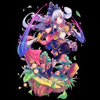 animal black_background black_pantyhose blunt_bangs blush bow bowtie breasts cleavage cuniculus_(merc_storia) dagger dandelion dress dual_wielding fence flower full_body grass highres holding holding_dagger holding_knife holding_weapon knife large_breasts leaf merc_storia merc_storia_art_team motion_lines official_art outstretched_arm pantyhose parted_lips pink_bow pink_eyes short_dress short_sleeves simple_background smile solo standing standing_on_one_leg tachi-e tree weapon white_hair