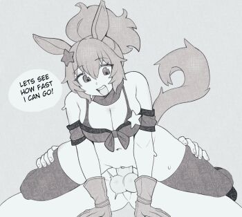 1boy 1girl :d animal_ears breasts cleavage crop_top english_text girl_on_top gloves greyscale hetero highres horse_ears horse_tail large_breasts long_hair monochrome no_panties oniyanna open_mouth ponytail reverse_cowgirl_position sex smile solo_focus straddling taiki_shuttle_(umamusume) taiki_shuttle_(wild_frontier)_(umamusume) tail testicles thighhighs umamusume uncensored vaginal