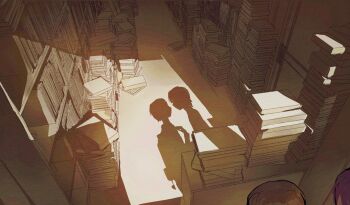 2boys absurdres aged_down black_hair book bookshelf brown_hair child code_geass cyanpears face-to-face highres indoors lelouch_vi_britannia male_focus multiple_boys out_of_frame rolo_lamperouge sepia shadow storage_room sunlight