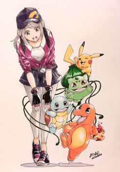 1girl baseball_cap black_gloves black_shoes black_shorts bulbasaur charmander claws female_protagonist_(pokemon_go) fingerless_gloves fire flame-tipped_tail full_body gen_1_pokemon gloves grey_hair grey_leggings hands_on_own_knees hat highres jacket leggings marker_(medium) mitsumayo nintendo pikachu pink_jacket plant pokemon pokemon_(creature) pokemon_go sharp_teeth shirt shoes shorts signature sneakers squirtle starter_pokemon_trio tail teeth traditional_media vines white_shirt