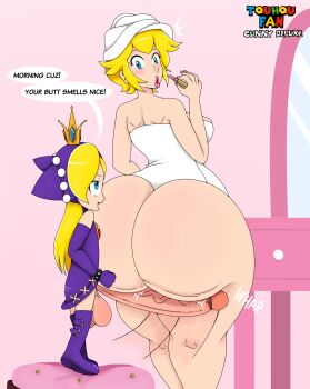 1futa 1girl age_difference ass blonde_hair blush breasts crown english_text futa_with_female futanari highres huge_ass huge_penis huge_testicles imminent_penetration loli long_hair mario_(series) medium_breasts naked_towel nintendo open_mouth penis ponytail princess_peach size_difference speech_bubble surprised testicles touhoufan towel veins veiny_penis wapeach