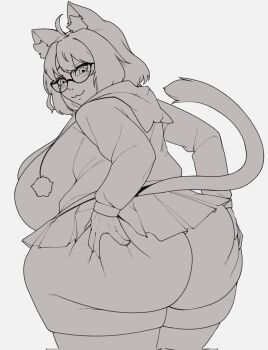 1girl :3 ahoge animal_ears ass ass_focus ass_grab back blush breasts cat_ears cat_girl cat_tail cowboy_shot female_focus glasses highres hood huge_ass huge_breasts looking_back miniskirt monochrome sketch skindentation skirt smile solo standing strongmoist tail thick_thighs thighs wide_hips