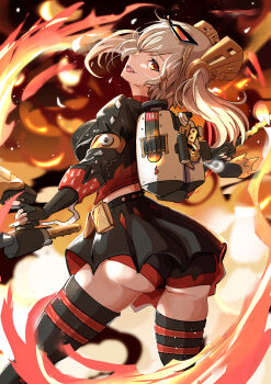 Rule 34 | 1girl, ass, black jacket, black skirt, black thighhighs, blonde hair, breasts, burnice white, commentary request, eyewear on head, fire, flamethrower, from side, hair ornament, highres, holding, holding flamethrower, holding weapon, jacket, large breasts, miniskirt, onihiraaji82, open mouth, red eyes, revision, short hair, shorts, shorts under skirt, skirt, solo, teeth, thighhighs, thighs, twintails, upper teeth only, weapon, zenless zone zero