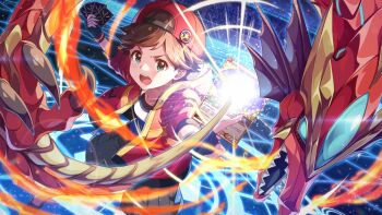 1girl backwards_hat baseball_cap blue_gloves brown_hair card card_commentary commentary_request dragon fingerless_gloves game_asset gloves green_eyes grey_shorts hat holding holding_card idolmaster idolmaster_million_live! idolmaster_million_live!_theater_days jacket kinoshita_hinata official_alternate_hairstyle official_art open_clothes open_jacket red_hat red_jacket short_hair shorts solo standing third-party_source