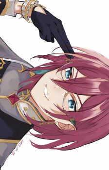 Rule 34 | 1boy, black gloves, blue eyes, chain, chain bracelet, chain earrings, clenched teeth, close-up, commentary request, dated, ensemble stars!, glasses, gloves, hair between eyes, hand up, highres, looking at viewer, male focus, red hair, rii (rii t93), saegusa ibara, sideways, simple background, smile, solo, teeth, white background