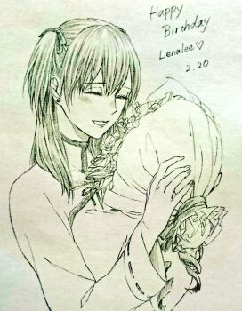 1girl birthday blush bouquet character_name chinese_clothes closed_eyes d.gray-man earrings english_text eyelashes facing_object facing_to_the_side flower graphite_(medium) green_theme hair_between_eyes hair_over_shoulder hair_ribbon happy_birthday heart holding holding_bouquet holding_flower izuki_(iz_5221) jewelry lenalee_lee lips long_hair long_sleeves mandarin_collar parted_lips ribbon shirt sidelocks simple_background smile solo striped_clothes striped_shirt stud_earrings traditional_media turtleneck turtleneck_shirt two_side_up vertical-striped_clothes vertical-striped_shirt white_background wide_sleeves