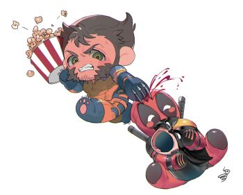 2boys animal_feet beard bleeding blood blue_gloves blush_stickers bodysuit brown_hair bucket chibi claw_(weapon) clenched_teeth deadpool deadpool_&amp;_wolverine deadpool_(series) facial_hair food full_body gloves green_eyes highres holding holding_bucket hoshiimopotato looking_at_viewer male_focus marvel multicolored_bodysuit multiple_boys popcorn red_bodysuit red_mask short_hair simple_background stab superhero_costume sword sword_on_back teeth two-tone_bodysuit weapon weapon_on_back white_background wolverine_(x-men) x-men yellow_bodysuit