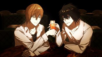 Rule 34 | 2boys, alcohol, bags under eyes, black hair, black shirt, brown eyes, brown hair, closed mouth, collared shirt, commentary request, cup, death note, drinking glass, hair between eyes, highres, holding, holding cup, l (death note), light smile, looking at another, male focus, multiple boys, no eyebrows, red wine, sanhuamao4280, shirt, shirt under shirt, short hair, sitting, toasting (gesture), upper body, white shirt, wine, wine glass, yagami light