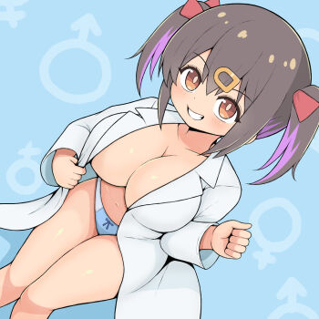1girl blue_background blue_panties blush breasts brown_hair cleavage commentary_request from_above hair_between_eyes hair_ornament hair_ribbon hairclip lab_coat large_breasts looking_at_viewer looking_up mars_symbol medium_hair multicolored_hair navel no_bra onii-chan_wa_oshimai! open_mouth oyama_mihari panties ribbon short_twintails sitting smile solo stomach streaked_hair teeth twintails underwear user_kruv4844 venus_symbol